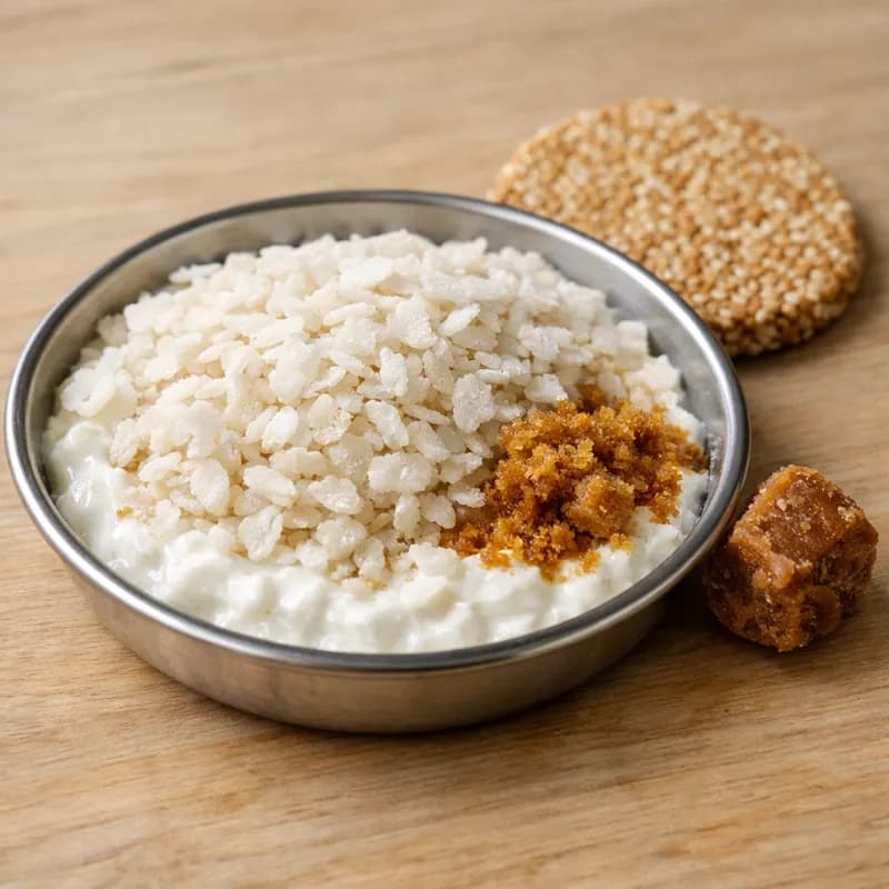 Chura Dahi (Poha with Curd) — 1 bowl with curd and jaggery
